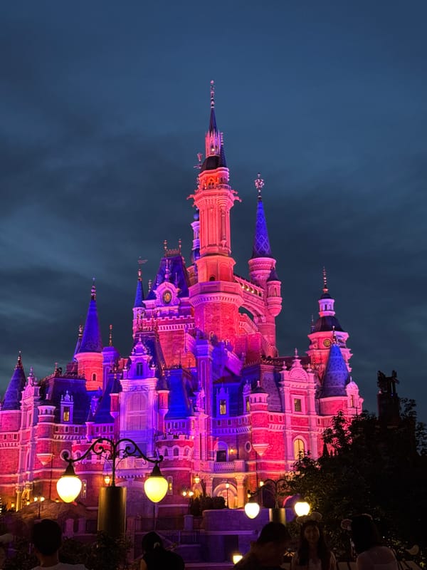 Castle glowing in pink and purple lights after dark, Pudong