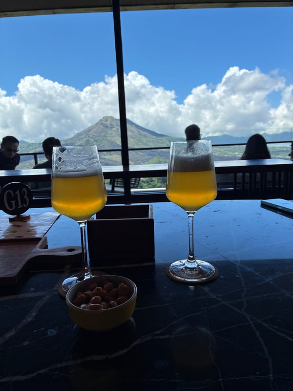 Morning dining scene captured at Kintamani restaurant overlooking Mount Batur