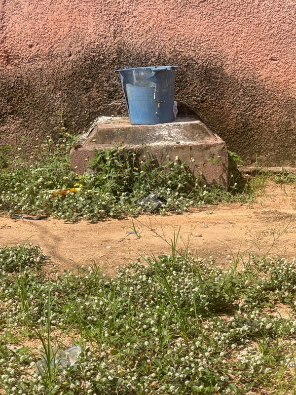 People gathered outside a building with a bucket and metal gate