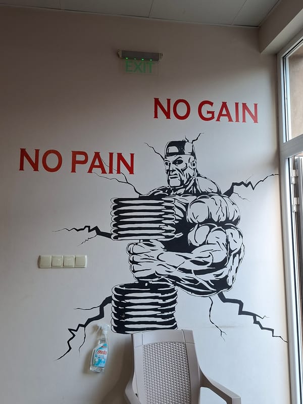 Gym interior documented in Gabrovo featuring mural and photo display