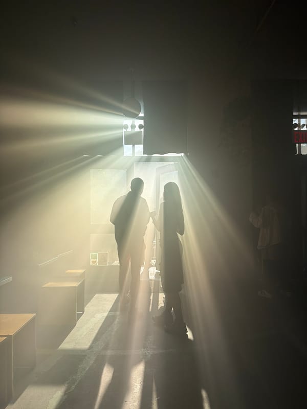 Dramatic sunbeams illuminate darkened NYC interior space