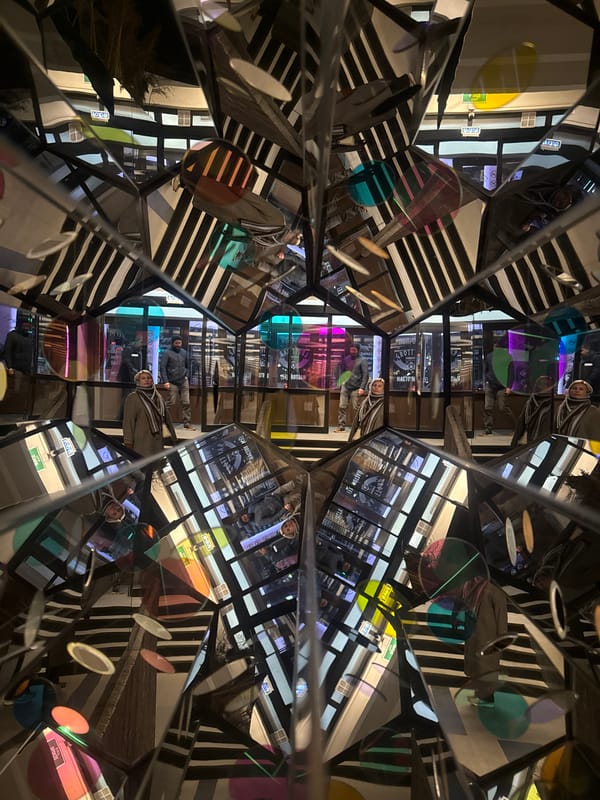 Art installation and illuminated building observed in Yekaterinburg