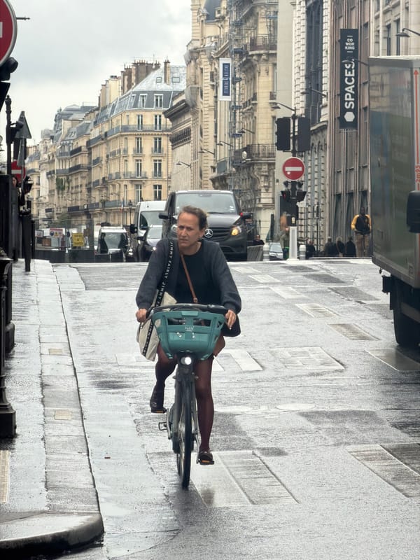 Cyclist navigates wet Paris streets amid classical architecture