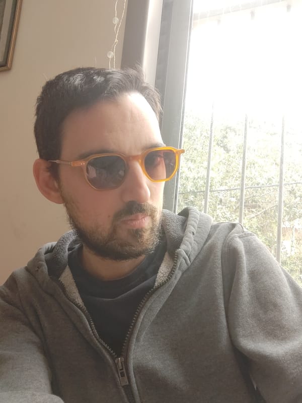 Man in yellow sunglasses photographed indoors in Ramat Gan