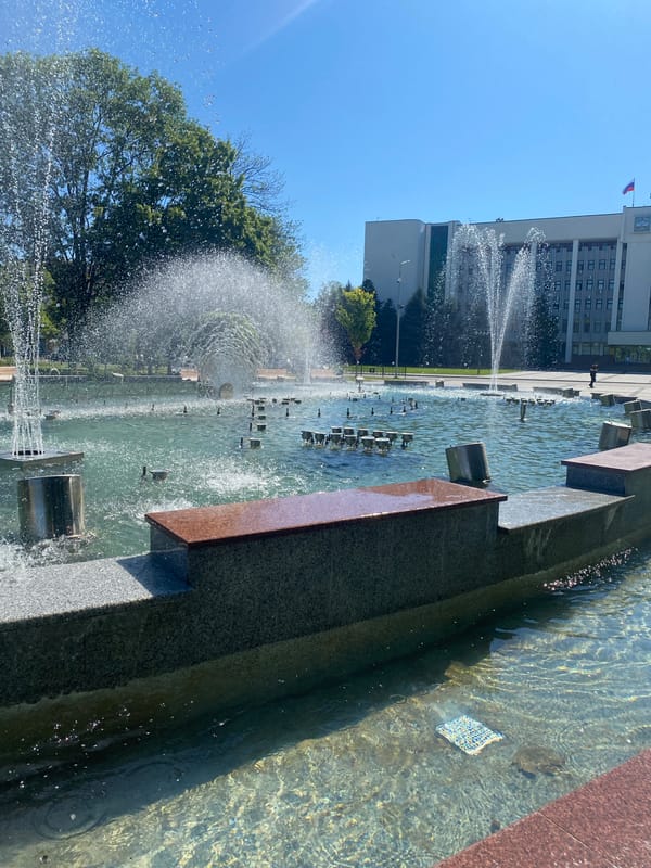 Sunny morning in central Maykop: fountains, parks, and city streets