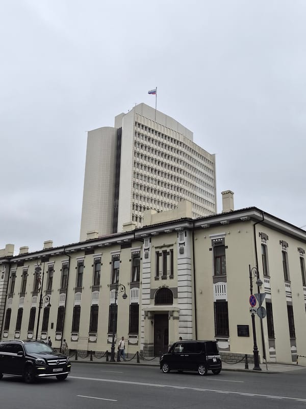 Vladivostok's historic streets and mixed architecture on a cloudy day