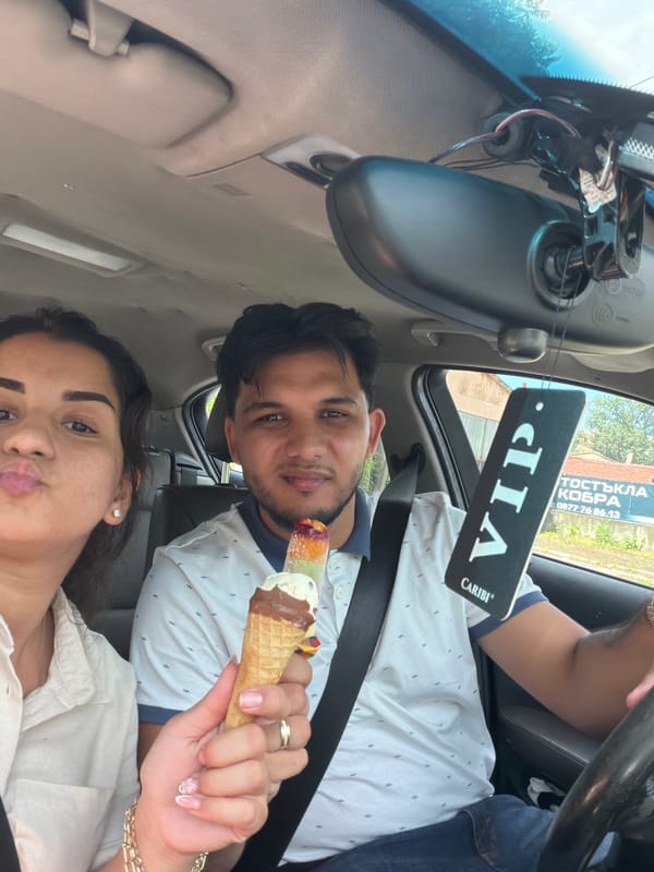 Couple takes car selfie in Pazardzhik, Bulgaria