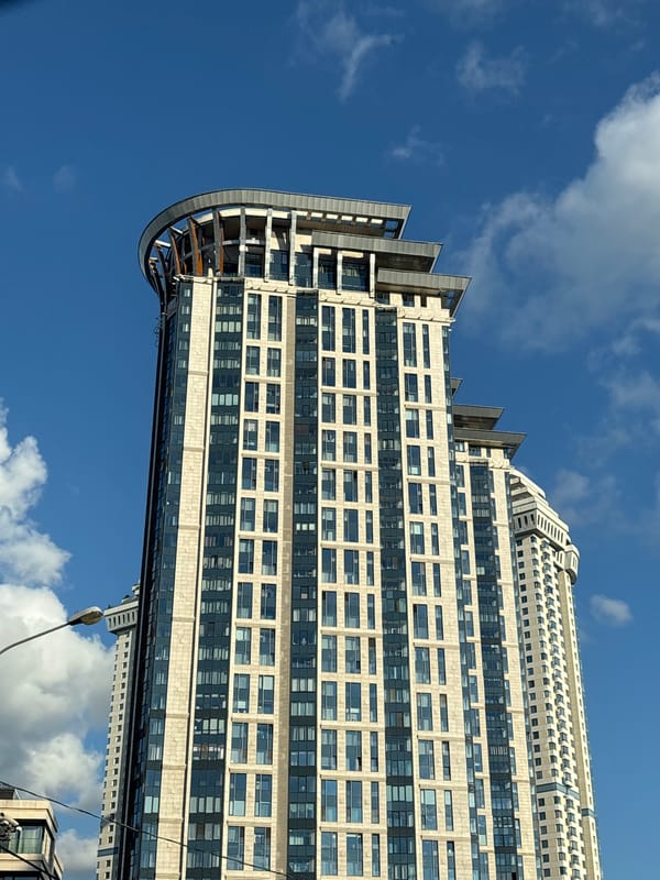 Modern Moscow residential towers, shot from street level