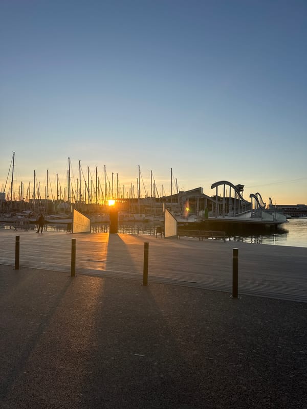 Marina sunset captured along Barcelona's Rambla de Mar boardwalk