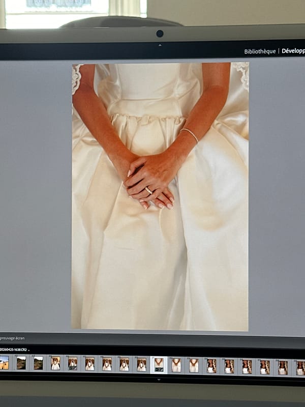 Bride's wedding ring photographed on dress in Paris
