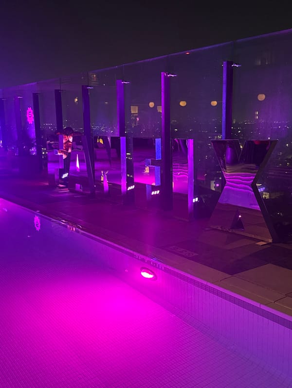 Early morning rooftop pool scene at West Hollywood hotel