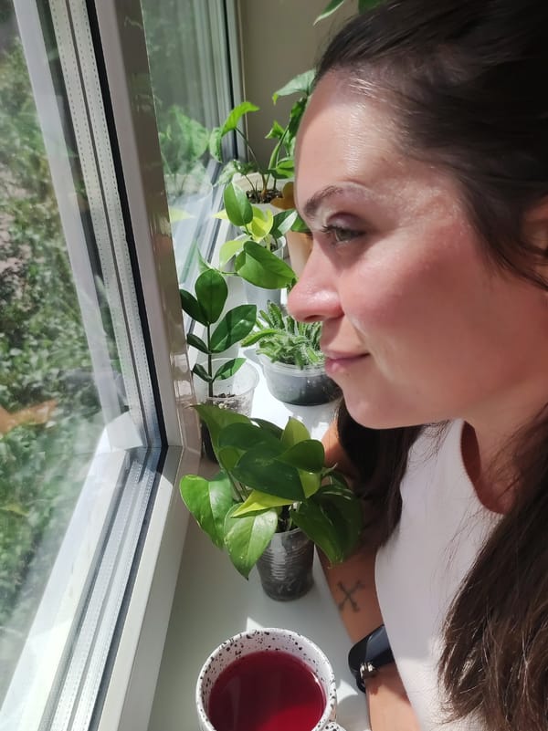 Lazy morning at home with a dog, plants, and a red drink