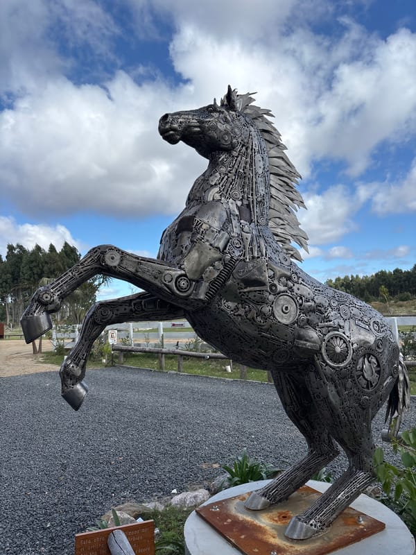 Outdoor sculptures and vintage machinery documented in Marindia, Uruguay
