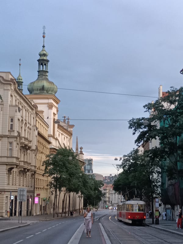 Prague tram corridor on a grey August morning
