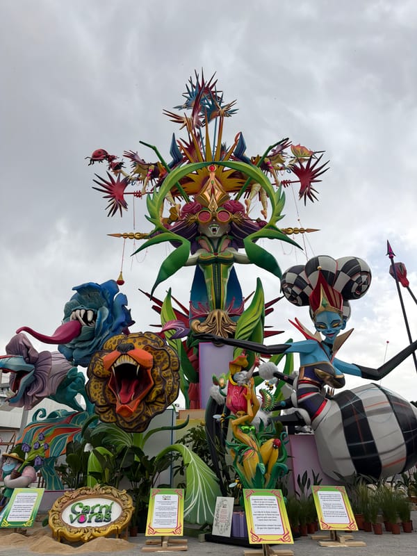 Elaborate Fallas monument on display in urban outdoor setting