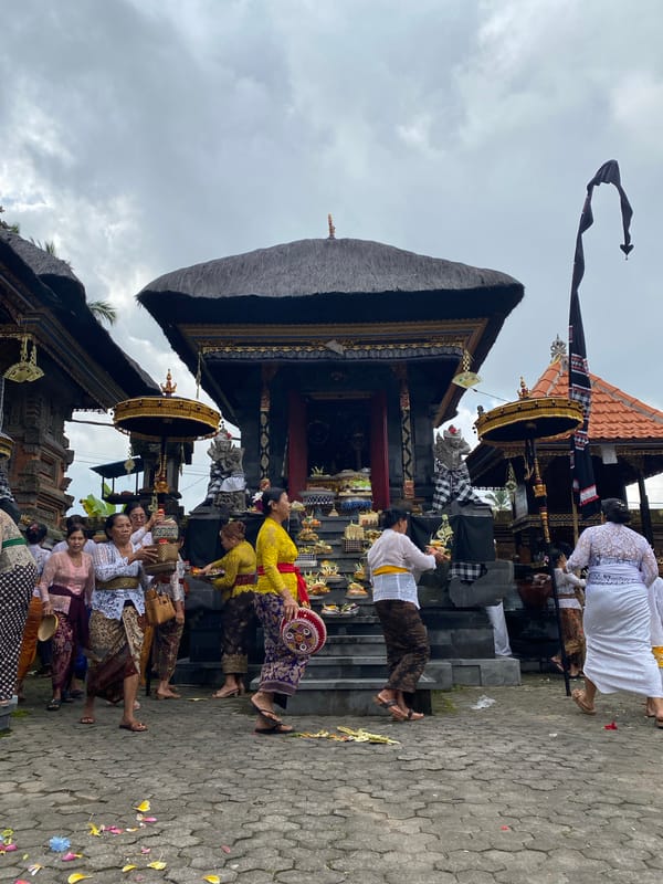 Balinese temple ceremony in Gianyar with offerings and traditional dress