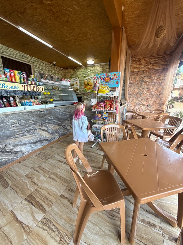 Sunny beach day documented by visitors at coastal cafe