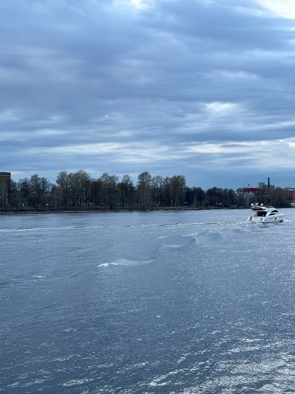 Person photographed by Saint Petersburg waterway during evening hours