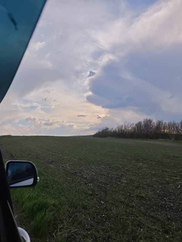 Vehicle travels dirt road past plowed fields in Etoka