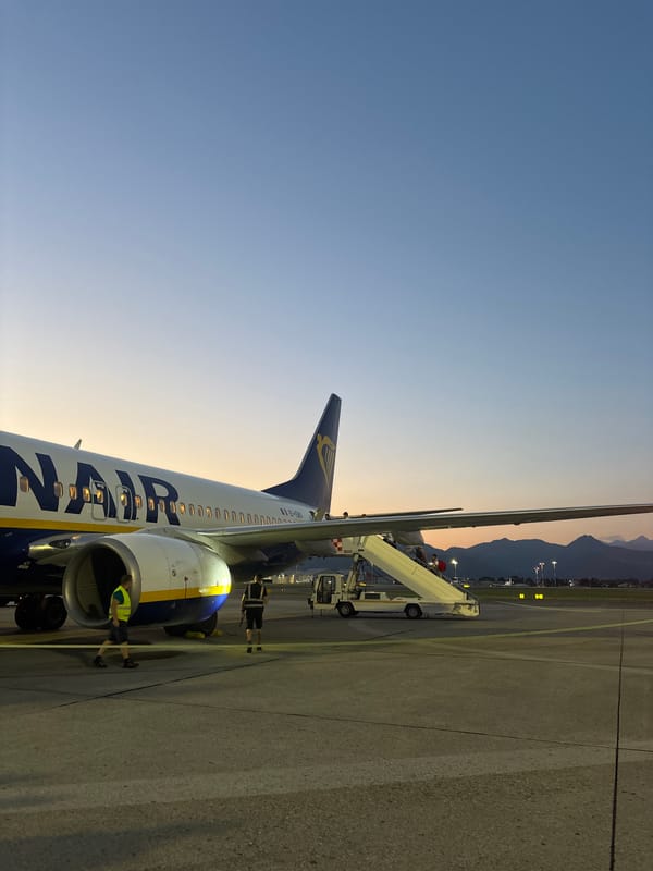 Ryanair boarding at Orio al Serio airport during sunset