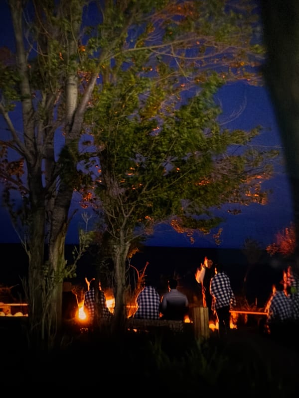 Evening bonfire gathering near illuminated yurts in Bishkek