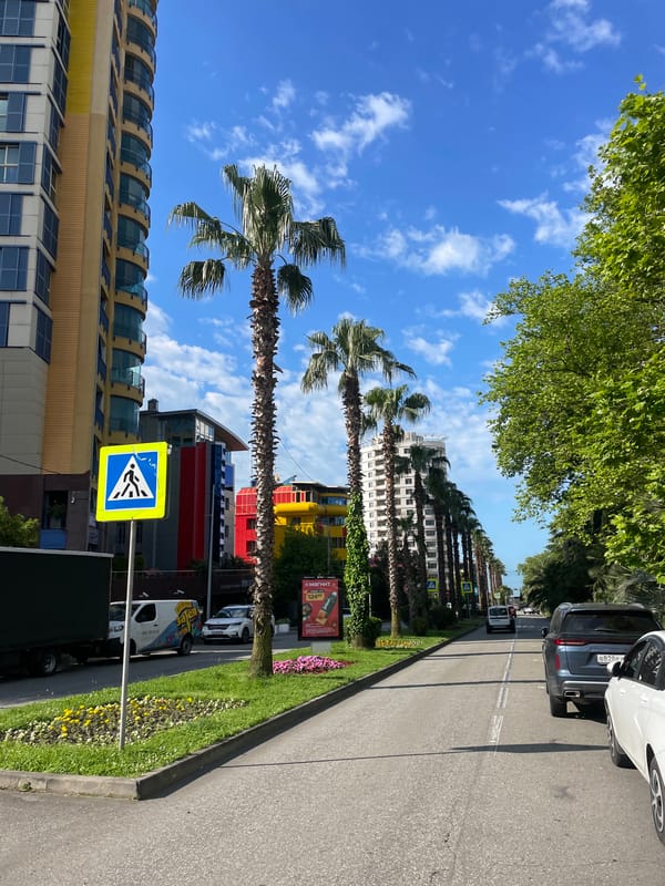 Woman documents morning walk near Sochi State Circus