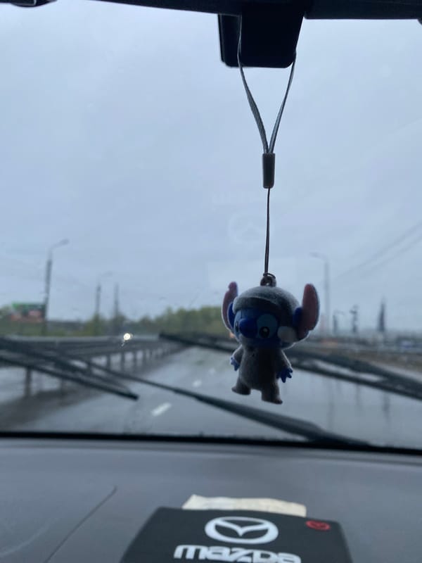 Car interior with Stitch toy documented in Irkutsk