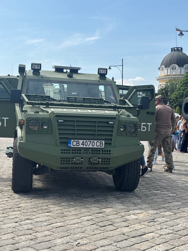 Military vehicles deployed near Sofia cathedral during boxing event