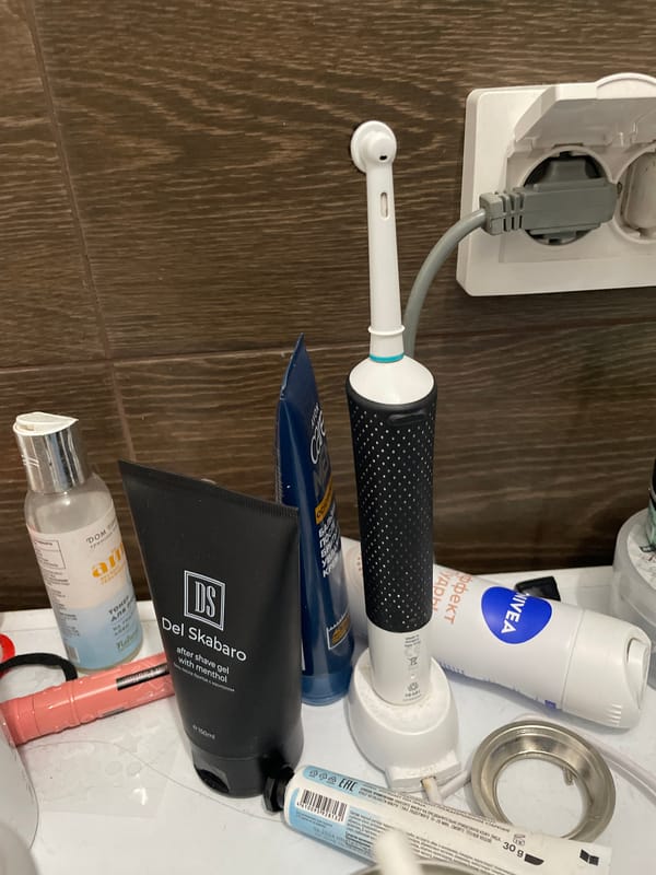 Bathroom countertop items documented in Sinyavino, Russia