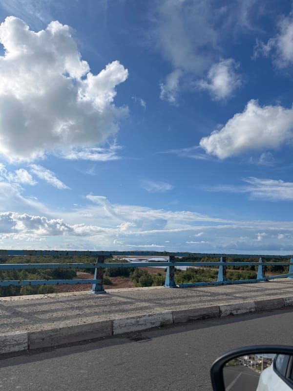 Driver captures bridge view with blue railings in Essaouira