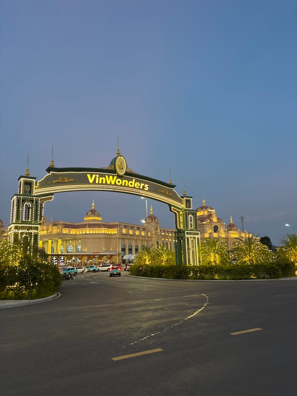 VinWonders theme park entrance illuminated during evening in Nha Trang