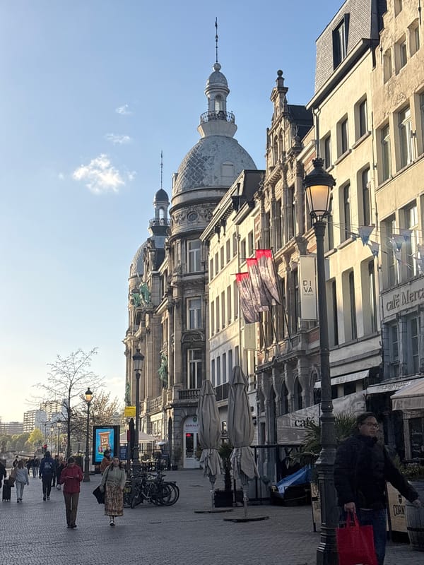 Street scene captured in historic Antwerp architecture district