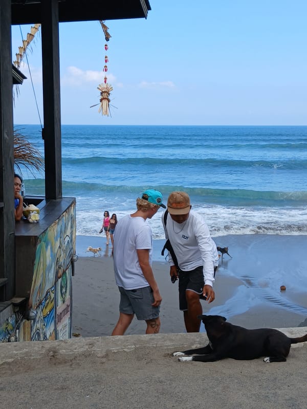 North Kuta beach strip: shoreline, street life, and Café Kitsuné