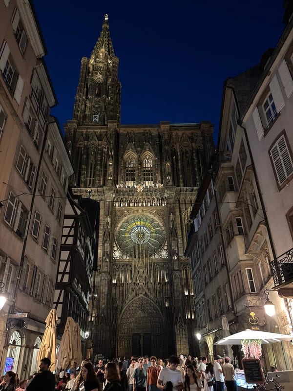 Evening stroll through illuminated Strasbourg cathedral and historic quarter