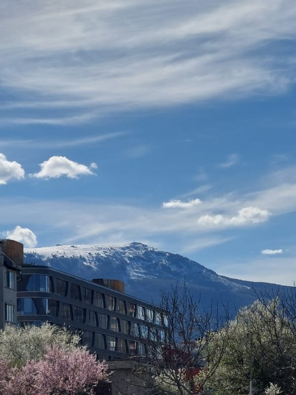 Modern building photographed against mountain backdrop in Sofia