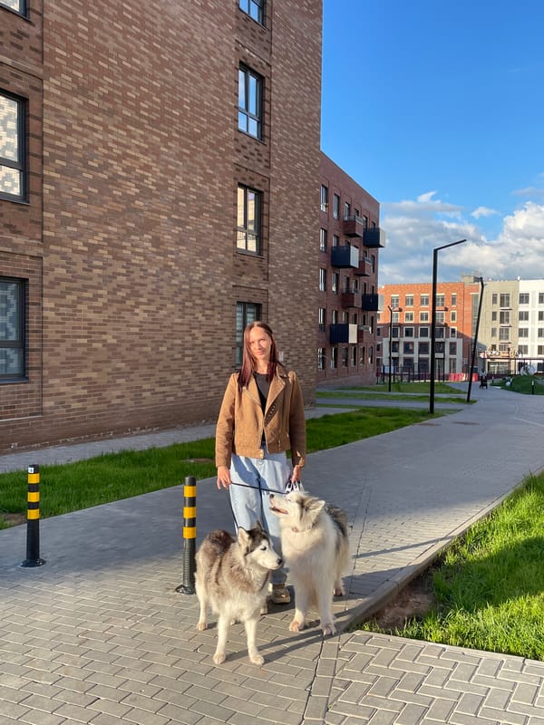 Woman walks huskies through Russian residential areas