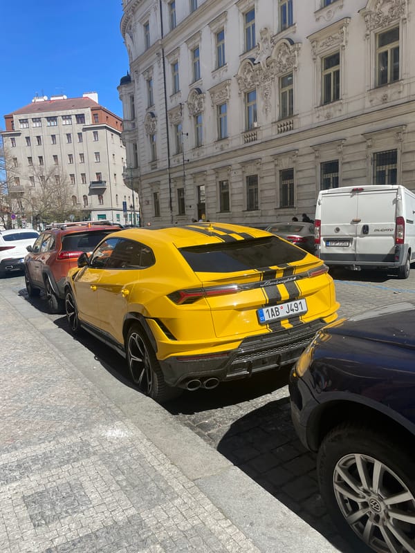 Yellow Lamborghini spotted parked on Prague cobblestone street