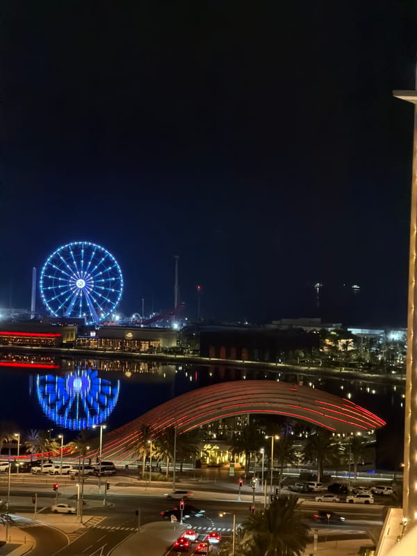 City skyline at night, Ferris wheel and high-rises lit up