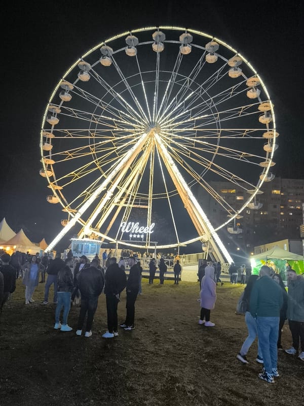 Illuminated Ferris wheel draws nighttime crowds at unknown fair