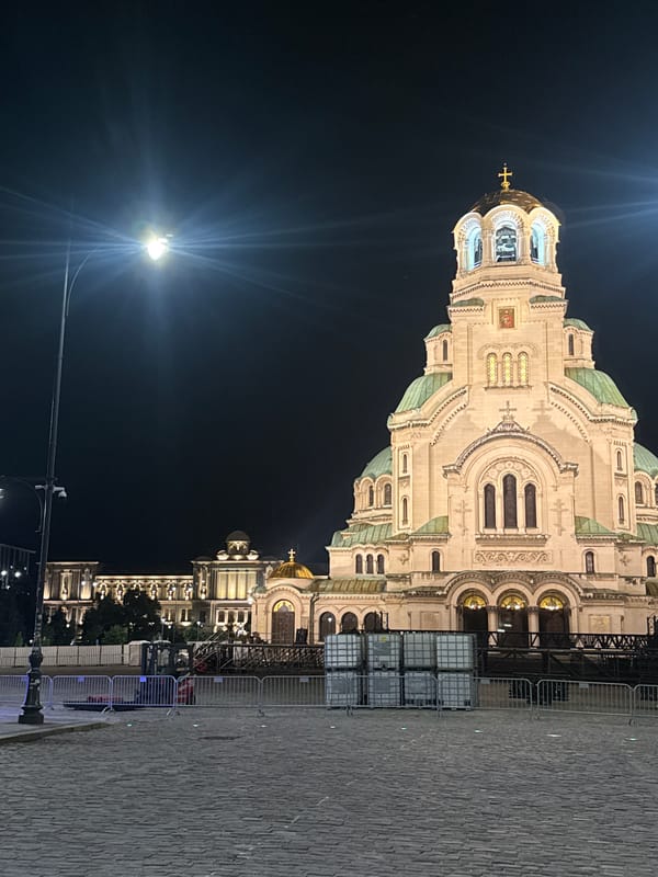 Evening architectural tour documented in Sofia, Bulgaria