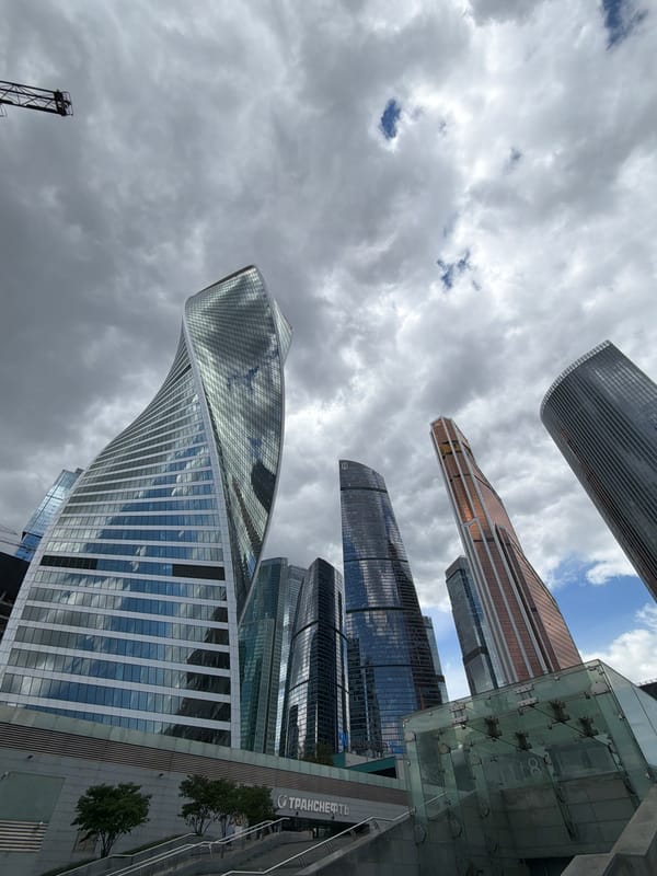 Moscow City skyscrapers documented during cloudy morning visit