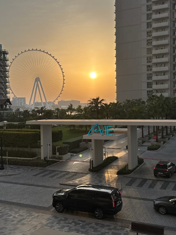 Dubai waterfront at golden hour, Ain Dubai and jet skis