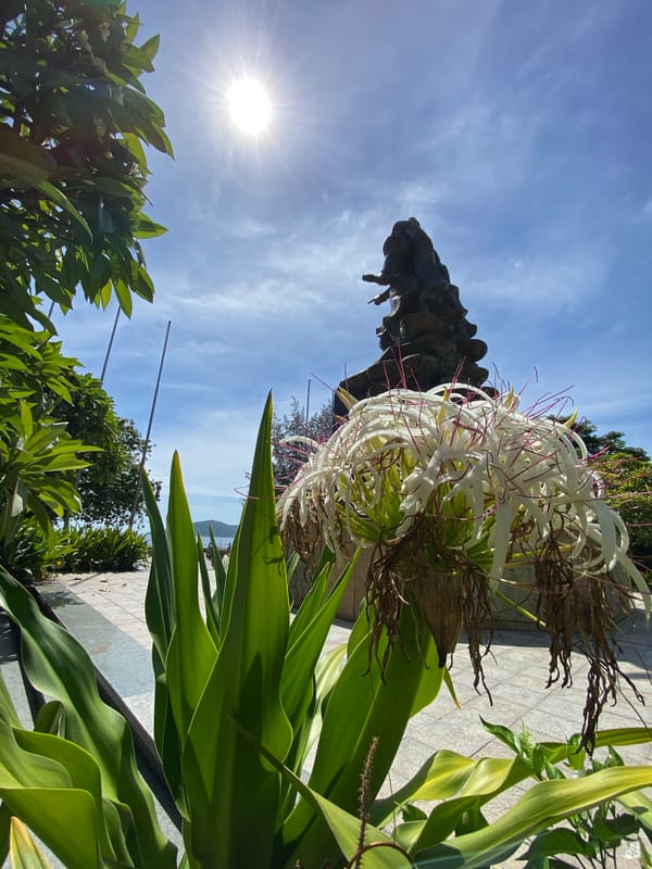 Morning at a Nha Trang temple park with statues and gardens