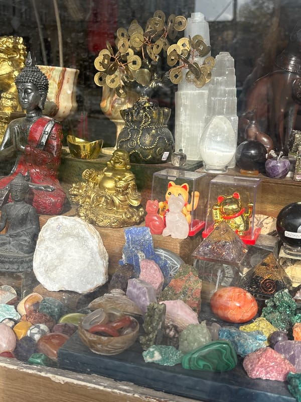 Shop display features Buddha statues, lucky cats in Varna