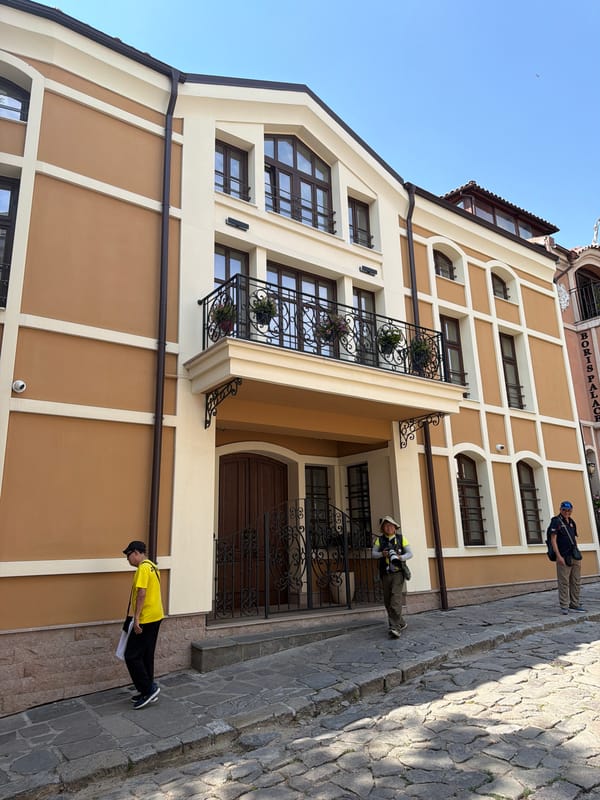 Tourist documents walking tour through historic Plovdiv Old Town