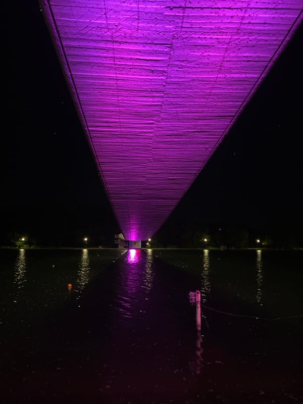 Purple-lit pedestrian bridge creates nighttime spectacle in Plovdiv