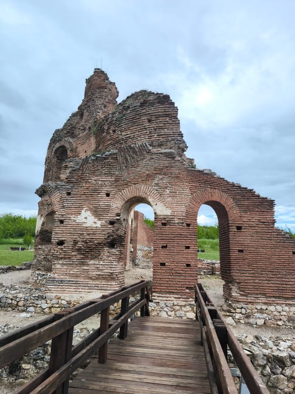 Visitors explore Red Church ruins in Perushtitsa, Bulgaria