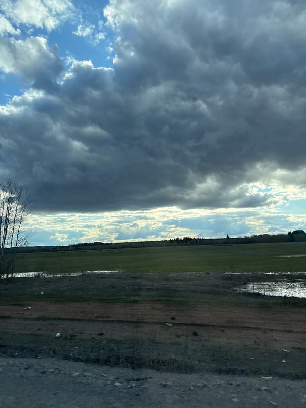 Vehicle travels rural road under dramatic sky in Совхозный