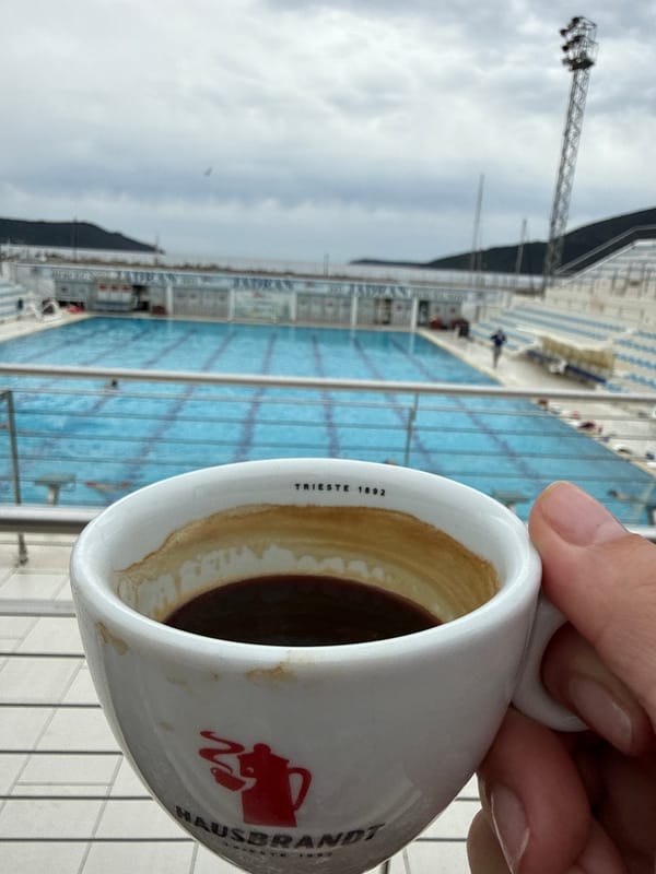 Morning coffee captured poolside in Herceg Novi, Montenegro