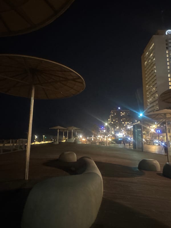 Evening beach activities captured along Tel Aviv waterfront promenade
